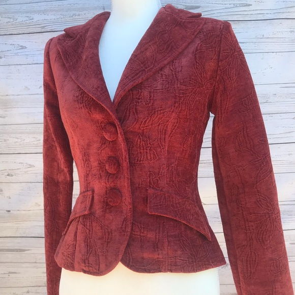 Hot Kiss Jackets & Blazers - Fitted Red Velvet-like Blazer Jacket